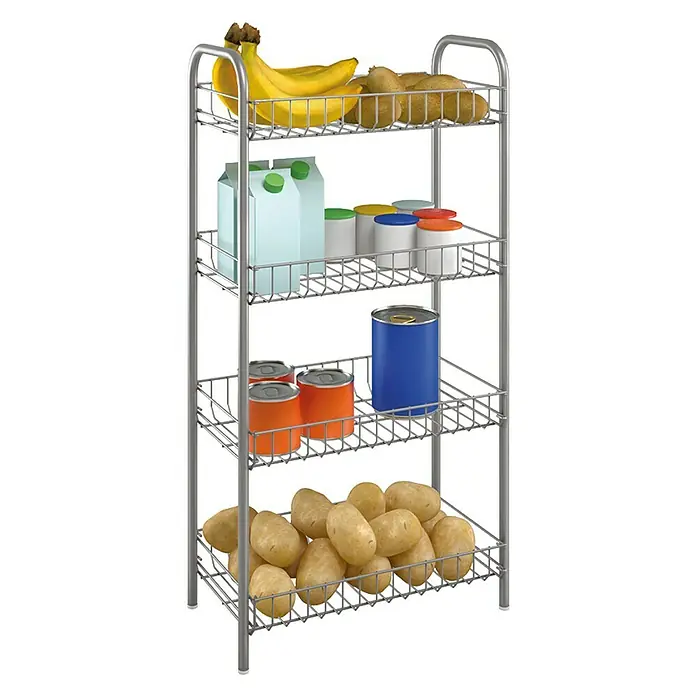 Metaltex Regal Monaco - L x B x H: 41 x 23 x 80 cm, Anzahl Böden: 4 Stk. - Produktaufnahme eines Silberregals mit vier Ablagen. Es beinhaltet Lebensmittel wie Kartoffeln, Bananen und Konserven.
