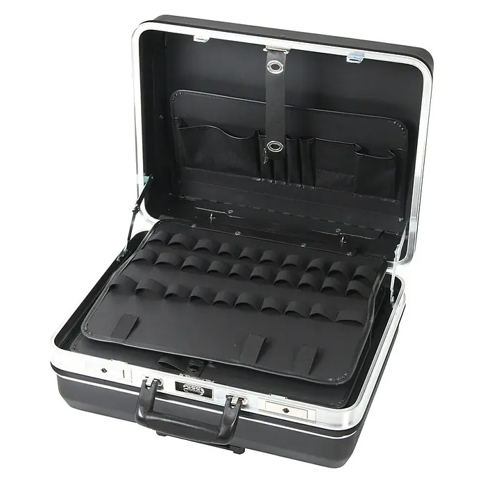 Hepco & Becker Werkzeugkoffer Budget 5075 Trolley - L x B: 430 x 510 mm, Höhe: 240 mm, ABS - Geöffneter, schwarzer Werkzeugkoffer mit silberfarbenen Akzenten und diversen Fächern zur Aufbewahrung, ideal für Handwerker und Profis.