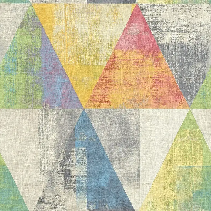 Rasch Hyde Park Vliestapete - Bunt, Grafisch, 10,05 x 0,53 m - Abstraktes Dreiecksmuster-Design mit bunten, texturierten Dreiecken, ideal für moderne Wanddekorationen.