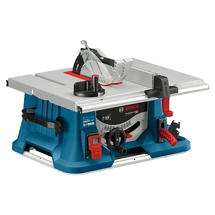 Bosch Professional Tischkreissäge GTS 635-216 - 1.600 W, Durchmesser Sägeblatt: 216 mm, Schnitttiefe bei 90 °: 70 mm, Ohne Untergestell - Das Bild zeigt eine Bosch GTS 635-216 Tischkreissäge, ein professionelles Werkzeug für präzise Holzarbeiten und Zuschnitte in Werkstätten.