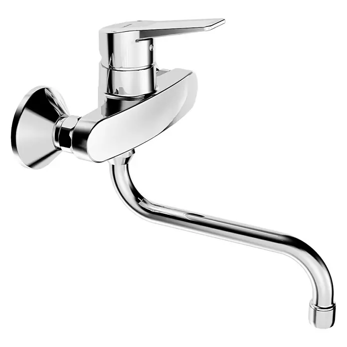Hansa Twist Spültischarmatur - Vollgriff, Chrom, Glänzend, Wandmontage - Produktansicht einer glänzenden Chrom Küchenarmatur mit einem einzelnen Hebel zur Wandmontage.
