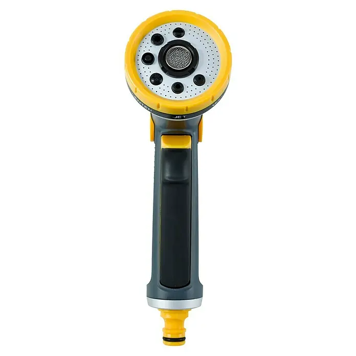 Neptun Profi Pistola multiuso - Aluminio/Plástico - Primer plano de un rociador de jardín amarillo-gris con diferentes patrones de rociado para jardinería.