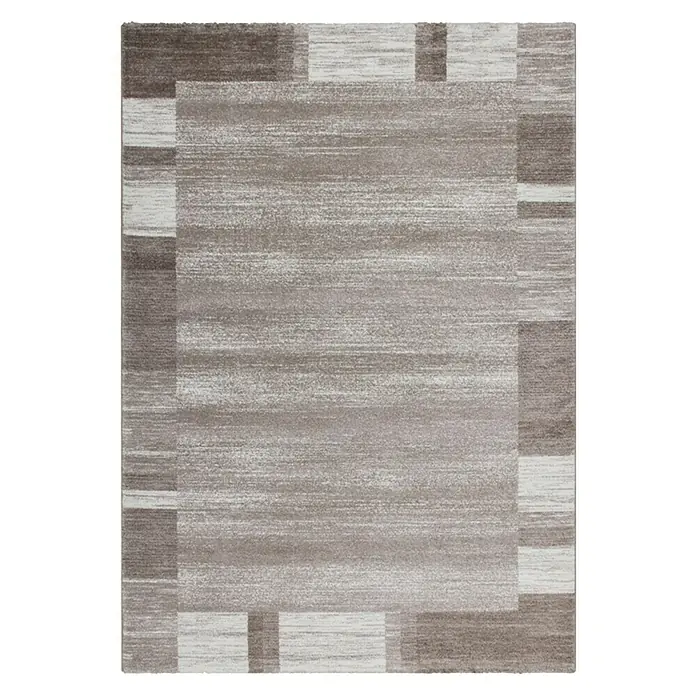 Kurzflorteppich Feeling 500 - Beige, 290 x 200 cm, 100 % Polypropylen (Flor) - Ein rechteckiger Teppich mit einem abstrakten geometrischen Muster in Grau- und Brauntönen, ideal für moderne Wohnräume.