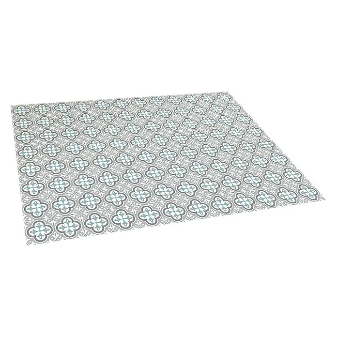 Alfombra de vinilo Croma Hidra topo - 180 x 120 cm - Esta imagen muestra una baldosa decorativa para el suelo con un diseño floral en tonos de gris y azul, ideal para interiores elegantes.