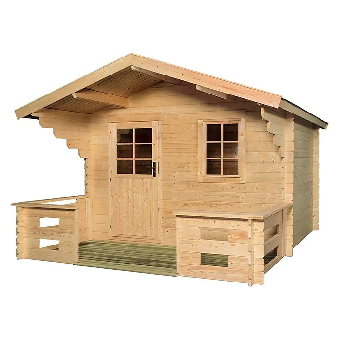 Kiehnholz Terrasse - Holz, Grundfläche: 4,5 m² - Ein helles Holzgartenhaus mit einer kleinen Veranda und Fenstern, das sich perfekt für den Garten eignet.