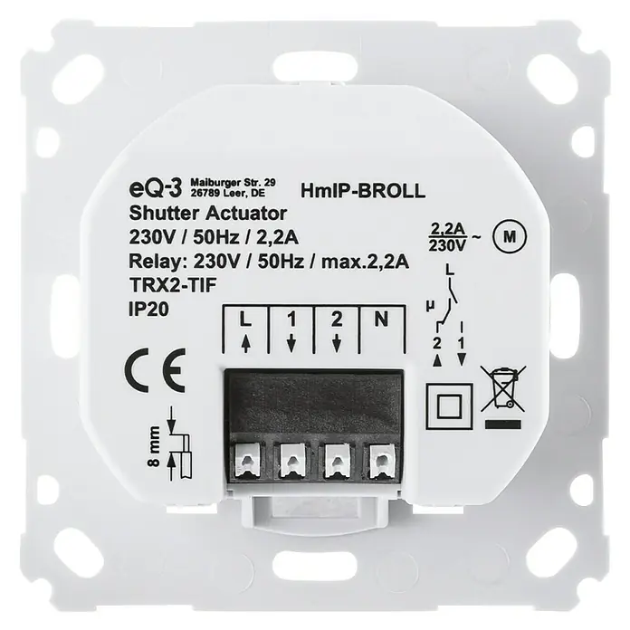 Homematic IP Set Rollladenschalter HmIP-BROLL-2 mit Access Point 2 - Unterputz, Funk - Nahaufnahme eines EQ-3 HmIP-BROLL Rollladenaktor mit technischen Details und CE-Kennzeichnung.
