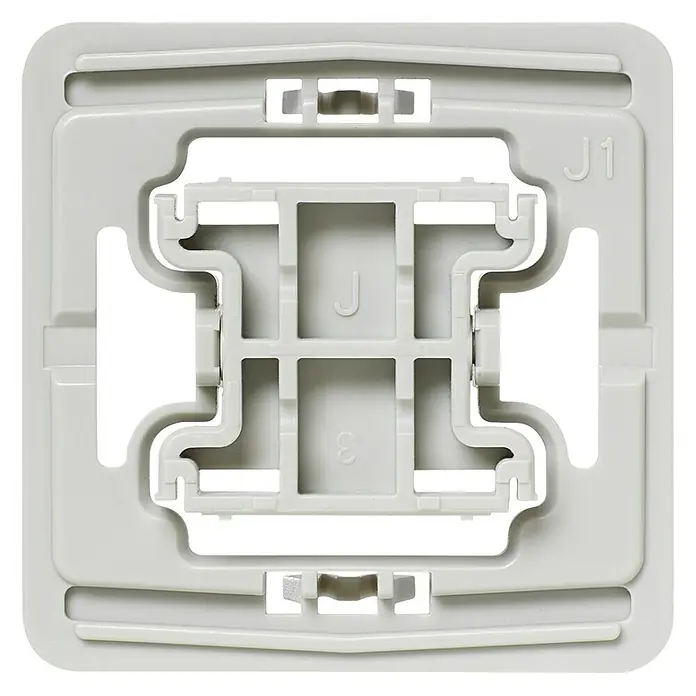 Homematic IP Adapter EQ3-ADA-J1 - 1 Stk., Passend für: Jung-Schalter LS 990/LS design/LS plus/CD universal/CD plus/CD 500 - Nahaufnahme eines weißen Kunststoff-Befestigungsrahmens für Schalter mit Aussparungen und der Beschriftung 'J1'.