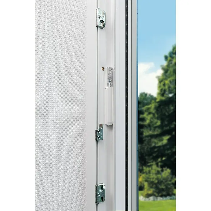 Homematic IP Fenster- & Türsensor HmIP-SWDO-I - Weiß, 19 x 166,5 x 12,5 mm, Batteriebetrieben - Nahaufnahme eines weißen Fensterrahmens mit Fensterkontakten, die an der Innenseite des Rahmens befestigt sind.