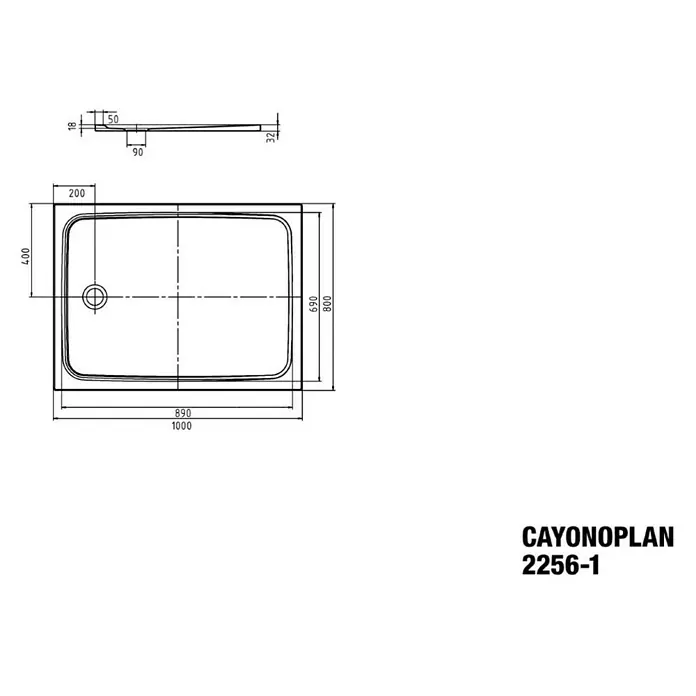 Kaldewei Duschwanne Cayonoplan 2256-1 - L x B: 100 x 80 cm, Stahl, Weiß - Abbildung einer CAYONOPLAN 2256-1 Duschwanne mit technischen Maßen, die einen detaillierten Überblick über das Produkt bietet.