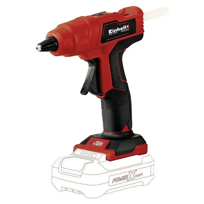 Einhell Power X-Change 18V Akku-Heißklebepistole TE-CG 18 Li-Solo - 18 V, Ohne Akku, Durchmesser Klebepatrone: 11 mm - Abbildung einer Einhell TE-CG 18 Li Akku-Heißklebepistole, ideal für Bastelarbeiten. Das Gerät ist rot-schwarz, mit Akku-Slot unten.