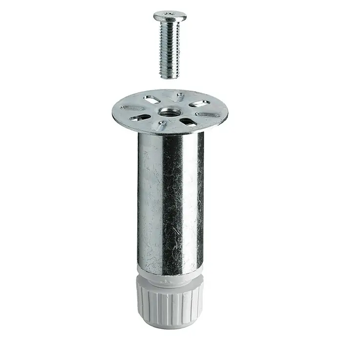Hettich Sockelverstellfuß - Verstellbar: 100 mm - 110 mm, Durchmesser: 30 mm, Silber - Verstellbarer Möbelfuß aus Metall mit Schraube und Kunststoffgleiter für verschiedene Bodenbeläge.