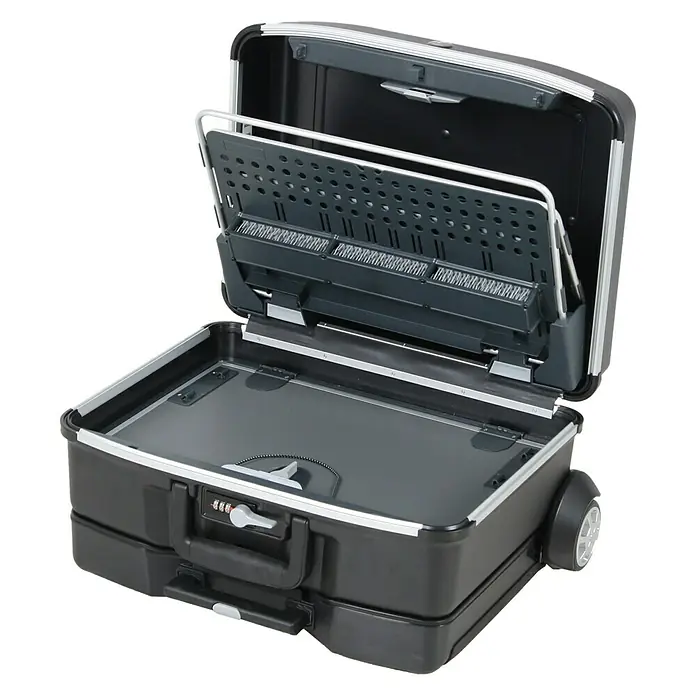 Hepco & Becker Werkzeugkoffer Vision 2100 mit abnehmbaren Trolley - L x B x H: 415 x 540 x 280 mm - Der schwarze Werkzeugkoffer mit Rädern ist geöffnet und zeigt seinen modularen Innenraum. Ideal für den Transport von Werkzeugen.