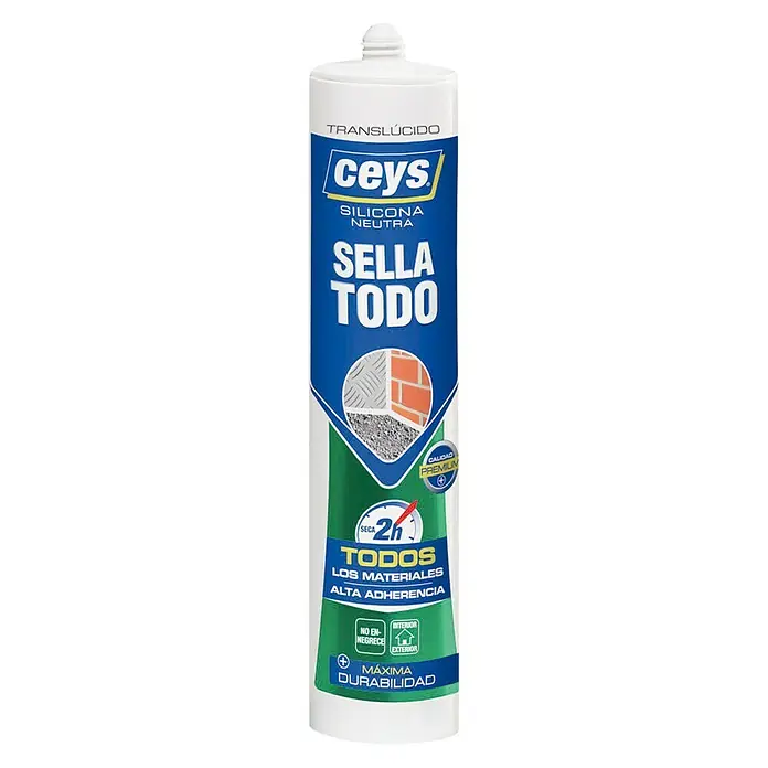 Ceys Silicona Neutra Sella Todo - Transparente, 280 ml - Se muestra un tubo de Ceys Sella Todo, un sellador de silicona neutra utilizado para sellar diversos materiales.