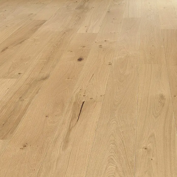 Living by Haro Parkettmuster Eiche pure strukturiert Naturöl - 290 x 180 x 12 mm, Landhausdiele - Nahaufnahme des hellen Holzbodens mit deutlicher Maserung und natürlichen Astlöchern, die die warme Ausstrahlung des Materials betonen.
