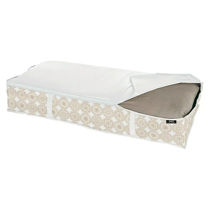 Organizador de armario Ella - 95 x 45 x 18 cm, Beige, Específico para: Ropa de cama - Caja de almacenamiento con tapa blanca con cremallera y diseño para ropa de cama y más.
