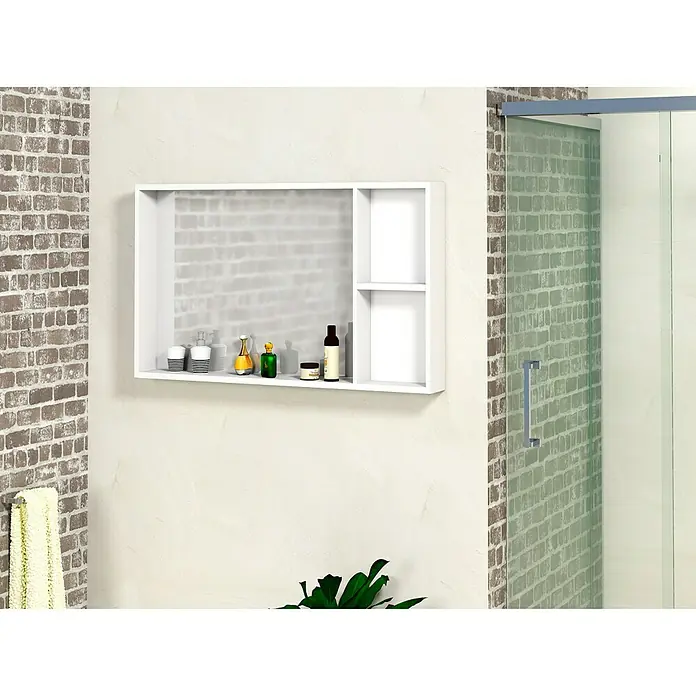 Artysan Armario con espejo Mel - An x Al: 80 x 56 cm, Plástico, Blanco - Estante de pared con compartimentos y varios productos de cuidado, ideal para el almacenamiento y la decoración del baño.