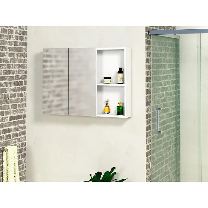 Artysan Armario con espejo Abi 2P+H - An x Al: 90 x 65 cm, Plástico, Blanco - Un armario de baño con puertas de espejo y estantes abiertos que muestran botellas y recipientes.