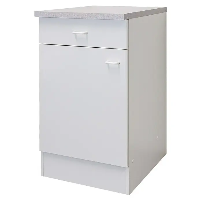 Flex-Well Rapido Küchen-Unterschrank - 47 x 50 x 85 cm, Dekor Front: Weiß - Küchenunterschrank mit Schublade und Tür in Weiß mit grau gesprenkelter Arbeitsplatte.
