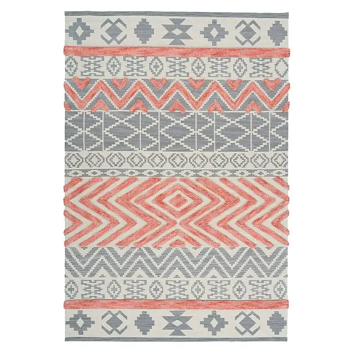 Kayoom Flachgewebeteppich Ethnie I - Grau/Rot, 290 x 200 cm, 100 % Baumwolle - Dekorativer Teppich mit Ethno-Muster in Grau und Rosa für einen stilvollen Look. Perfekt für Wohnzimmer oder Schlafzimmer.