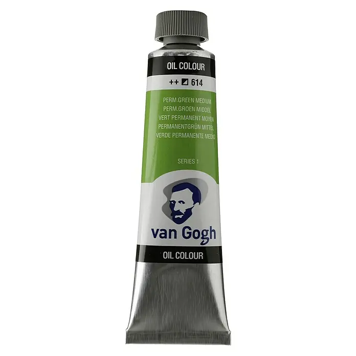 Talens Van Gogh Pintura al óleo - Verde permanente medio, 40 ml, Tubo - Primer plano de un tubo de pintura al óleo Van Gogh en verde perm. Medium, Serie 1, número 614, para artistas.