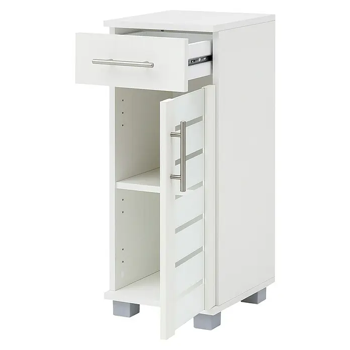 Schildmeyer Niko Unterschrank - 30 x 32,5 x 75 cm, Perlweiß - Weißer Nachttisch mit Schublade und offenem Schrankfach mit Tür und Metallgriffen für Schlafzimmer oder Gästezimmer.