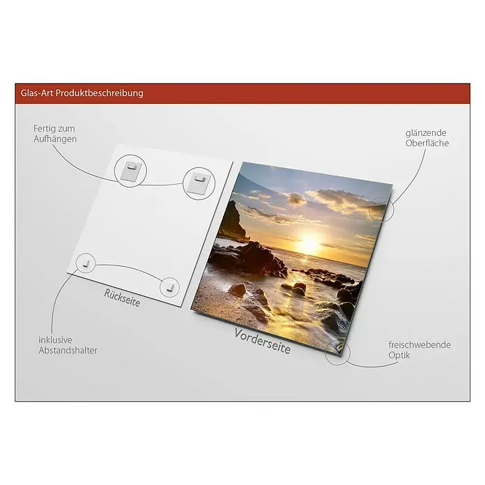 ProArt Glasbild - Island, B x H: 50 x 50 cm - Produktbeschreibung eines Glasbildes mit Aufhängung und Abstandshalter für eine freischwebende Optik.