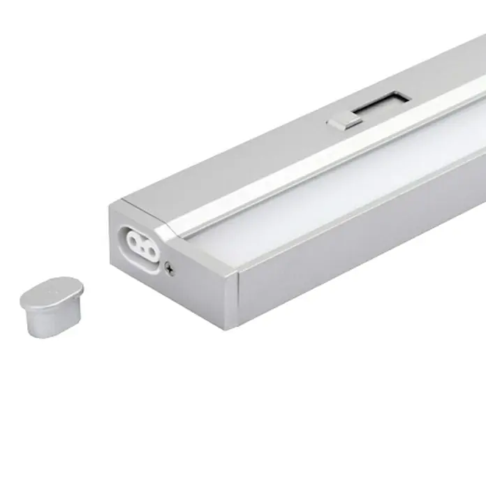 Müller-Licht LED-Unterbauleuchte Conero - L x B x H: 90,9 x 5,3 x 2,9 cm, Lichtfarbe: Neutralweiß, 15 W, Silber - Nahaufnahme einer schlanken, silbernen LED-Unterbauleuchte mit abnehmbarem Endstück und Netzanschluss.