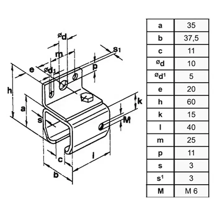 HBS Betz Wandmuffe Typ 10 - Stahl, Länge: 60 mm - Eine technische Zeichnung einer Rohrschelle mit Bemaßung und einer Tabelle mit den entsprechenden Werten.