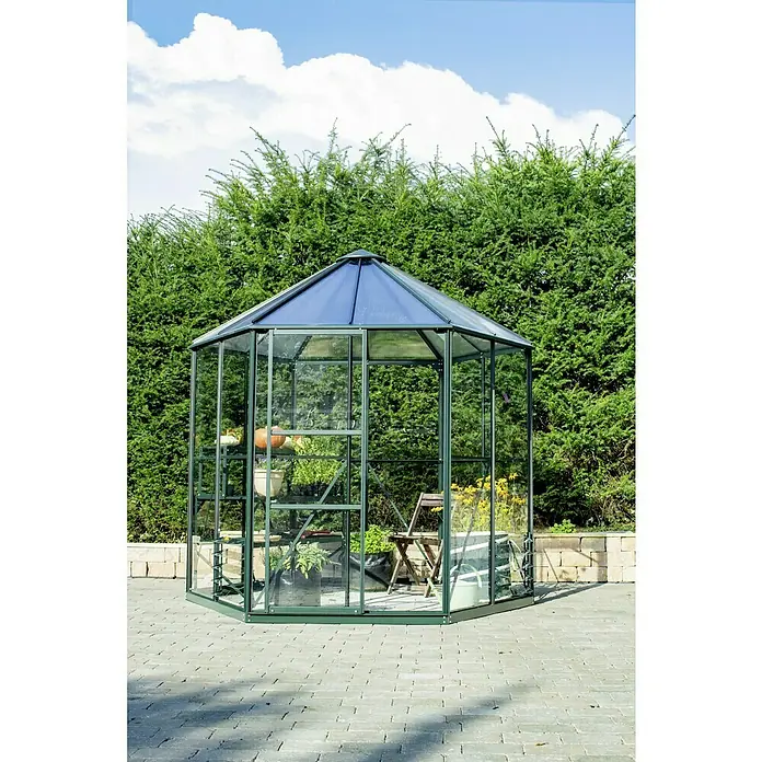 Vitavia Gewächshaus Juno 4500 - Außenmaß inkl. Dachüberstand (B x T): 220,9 x 253 cm, 3 mm, Smaragd - Ein Garten Gewächshaus mit Pflanzenregalen und einem Stuhl, umgeben von grünen Sträuchern und einem hellen, bewölkten Himmel.