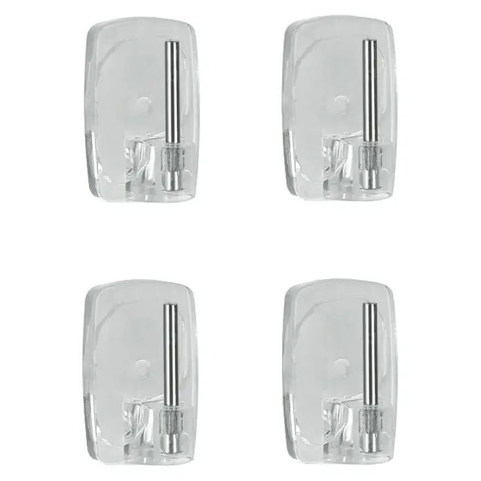 Metaltex Gardinenhaken - Transparent, 4 Stk. - Das Bild zeigt vier transparente Klebehaken mit Metallstift, ideal zum Aufhängen von Deko-Objekten ohne Bohren.