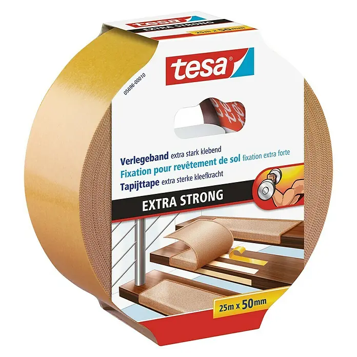 Tesa Verlegeband - 25 m x 50 mm, Beidseitig selbstklebend, Geeignet für: Fußbodenheizung - Tesa Verlegeband extra stark klebend. Optimal für die Fixierung von Teppichen und Bodenbelägen, extra stark und zuverlässig.