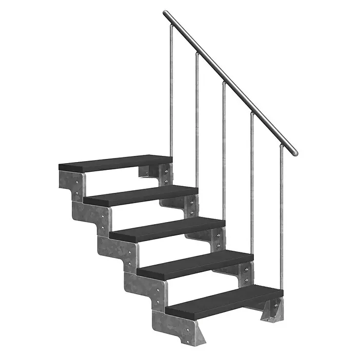 Dolle Außentreppe Gardentop - Trimaxstufen, Anthrazit, Feuerverzinkte Geländerstäbe, Breite: 80 cm, Anzahl Stufen: 5 Stk., Geschosshöhe: 90 cm - 110 cm - Die Abbildung zeigt eine Außentreppe mit fünf Stufen, Metallgeländer und rutschfesten Trittflächen, ideal für den Garten oder den Hauseingang.