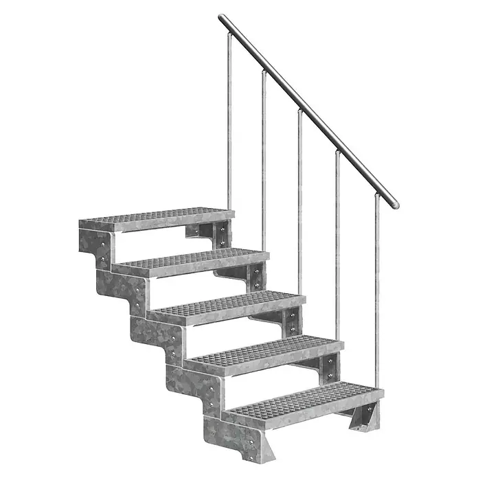 Dolle Außentreppe Gardentop - Gitterroststufen, Feuerverzinkte Geländerstäbe, Breite: 80 cm, Anzahl Stufen: 5 Stk., Geschosshöhe: 90 cm - 110 cm - Treppe aus Metall mit Handlauf. Die Treppe hat fünf Stufen und ist aus grauem, perforiertem Metall gefertigt.