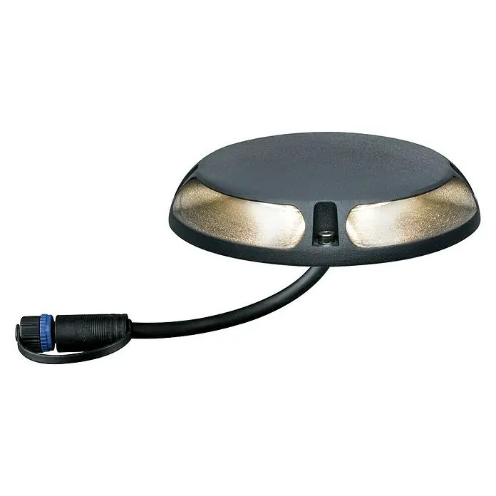 Paulmann Plug & Shine LED-Außenleuchte - 6 W, Warmweiß, IP67, Ø x H: 16 x 3,2 cm - Nahaufnahme einer Bodenleuchte mit zwei Lichtquellen und schwarzem Kabel für den Außenbereich.