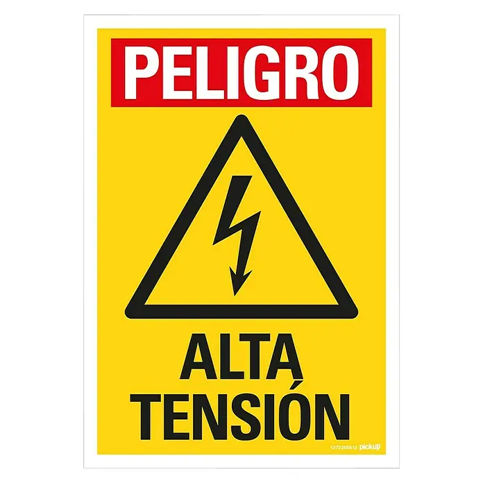 Pickup Cartel - Motivo: Precaución Alta Tensión, L x An: 33 x 23 cm - La señal de advertencia "PELIGRO ALTA TENSIÓN" indica un peligro de alto voltaje con un símbolo de rayo. Adverte sobre posibles descargas eléctricas.