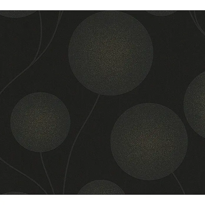A.S. Création Vliestapete Blütenmuster - Schwarz/Metallic, Floral, 10,05 x 0,53 m - Ein Muster aus schwarzen Kreisen und geschwungenen Linien auf einer dunklen Oberfläche. Elegantes Tapetendesign für moderne Innenräume.