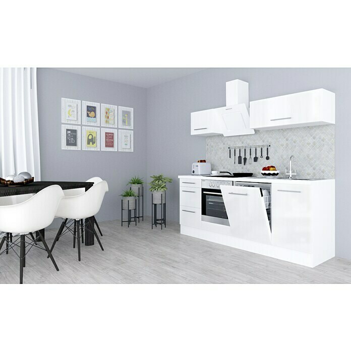 Respekta Premium Composición de cocina (Ancho: 220 cm, Con dispositivos eléctricos, Blanco de alto brillo)