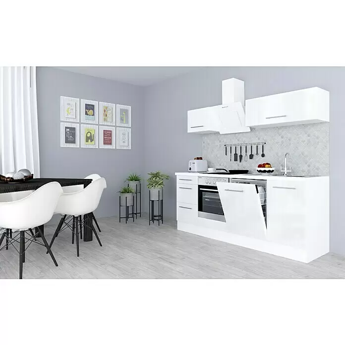 Respekta Premium Composición de cocina Amanda - Ancho: 220 cm, Blanco, Con electrodomésticos - Cocina blanca moderna con electrodomésticos integrados y zona de comedor.