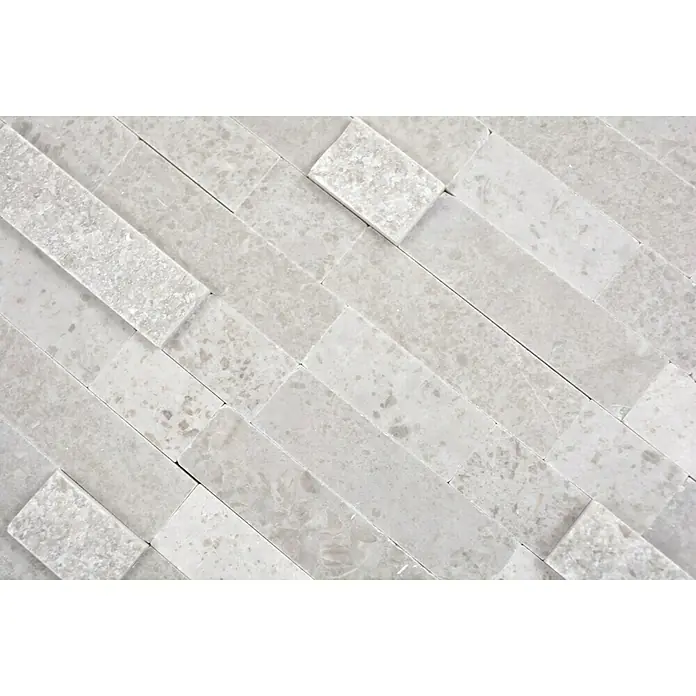 Selbstklebemosaik SAM 4NM32 - 30 x 27,5 cm, Grau, Matt - Nahaufnahme des hellgrauen Terrazzo-Mosaikfliesenmusters mit rechteckigen und quadratischen Formen für Wand- und Bodengestaltung.