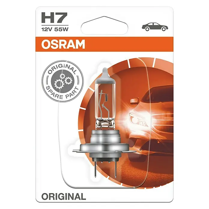 Osram Original Line Halogen-Scheinwerferlampe - H7, 1 Stk. - Produktbild einer OSRAM H7 12V 55W Autolampe, Original Ersatzteil für verbesserte Sichtbarkeit und Sicherheit im Straßenverkehr.