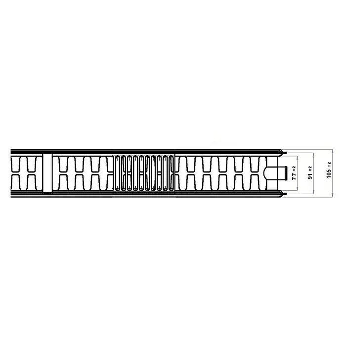 Planheizkörper - B x H: 1.800 x 400 mm, Wärmeleistung bei Vorlauftemperatur von 75 °C (D: 50): 2.048 W, Typ Heizkörper: 22 - Das Bild zeigt eine technische Zeichnung eines Bauelements mit genauen Maßangaben. Die Konstruktion ist detailliert dargestellt.