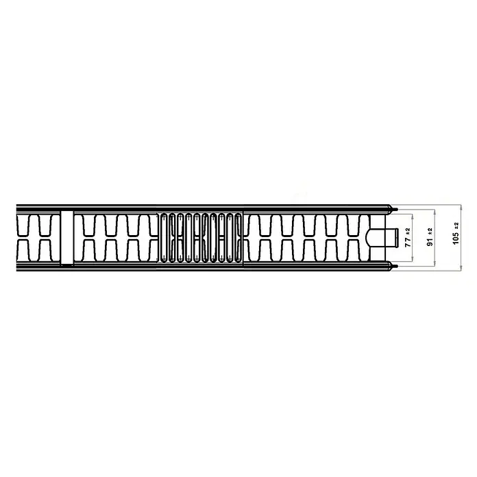 Planheizkörper - B x H: 500 x 500 mm, Wärmeleistung bei Vorlauftemperatur von 75 °C (D: 50): 683 W, Typ Heizkörper: 22 - Technische Zeichnung eines Dämmprofils mit Maßangaben. Detailansicht eines Bauelements für die Wärmeisolierung.