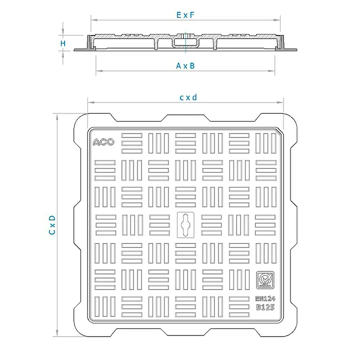 ACO Tapa de registro Guss Basic B125 - 500 x 500 mm - Ilustración de una tapa de alcantarilla cuadrada ACO, mostrando dimensiones y una vista lateral para construcción.