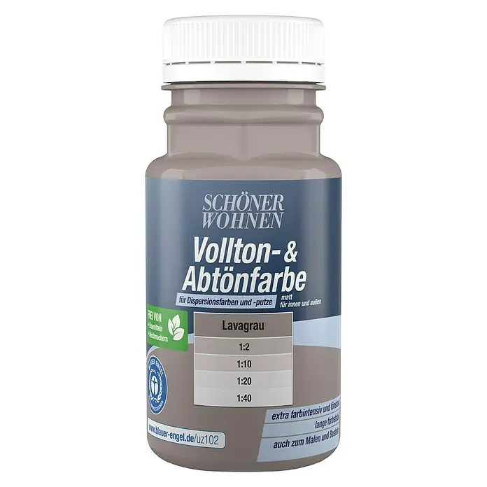 SCHÖNER WOHNEN-Farbe Vollton- & Abtönfarbe - Lavagrau, Matt, 125 ml - Abbildung einer Flasche Schöner Wohnen Vollton- & Abtönfarbe Lavagrau, einer matten Farbe für Innen- und Außenbereiche.