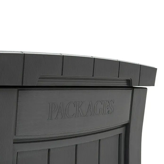 Keter Garten-Aufbewahrungsbox Paketbox ParcelDropBox - 62,1 x 62,1 x 112 cm, Grau - Nahaufnahme einer grauen Aufbewahrungsbox für Pakete, ideal für die sichere Aufbewahrung von Lieferungen vor der Haustür.