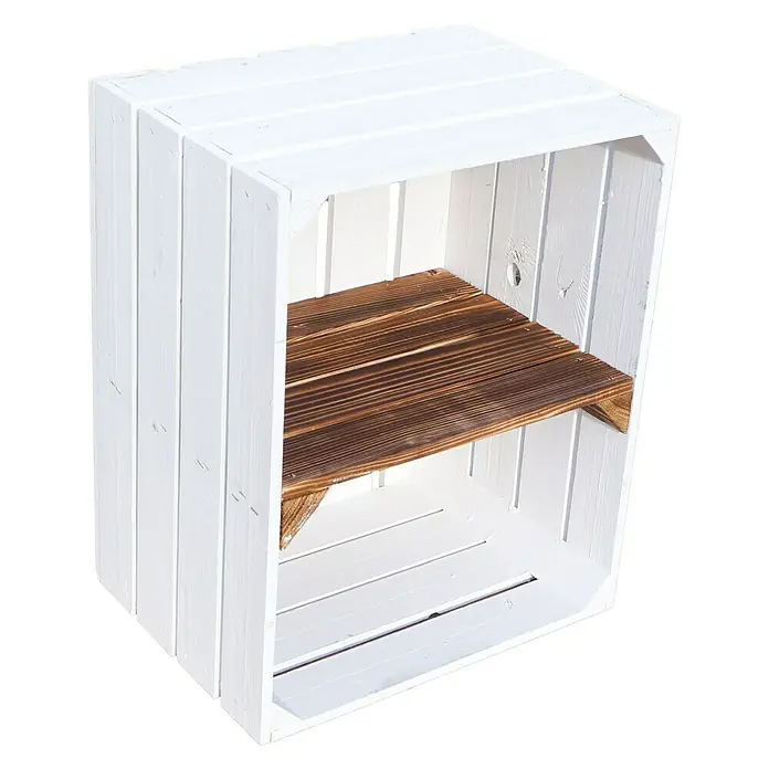 Holzregal Johanna - L x B x H: 30 x 40 x 50 cm, Holz, Weiß/Braun - Weiß lackierte Holzkiste mit einem rustikalen, braunen Holzregal im Inneren, ideal zur Aufbewahrung oder als dekoratives Element.