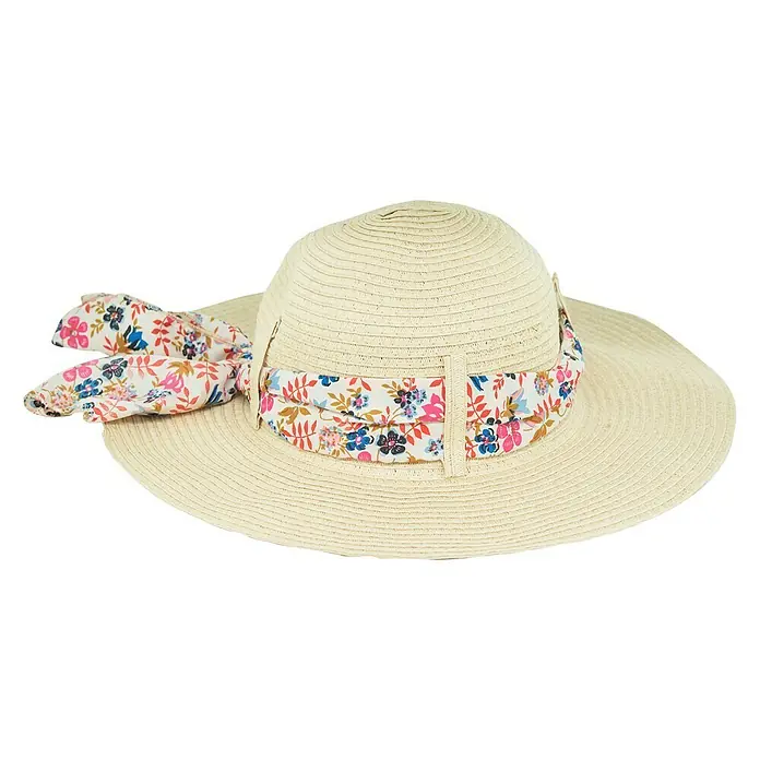 Sonnenhut Amely - Beige, Geeignet für: Damen - Elegante Strohhut mit Blumenband. Der Hut bietet Sonnenschutz und ist ein modisches Accessoire für den Sommer.