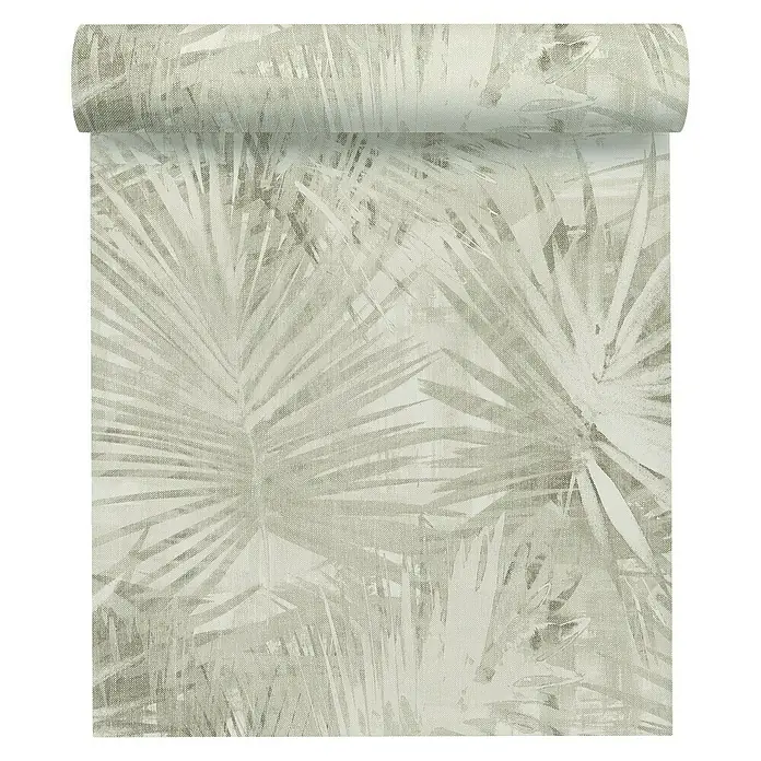 A.S. Création Hygge Vliestapete - Hellgrün, Floral, 10,05 x 0,53 m - Eine Rolle cremefarbene Tapete mit einem eleganten Palmenblattmuster für eine stilvolle Wandgestaltung.