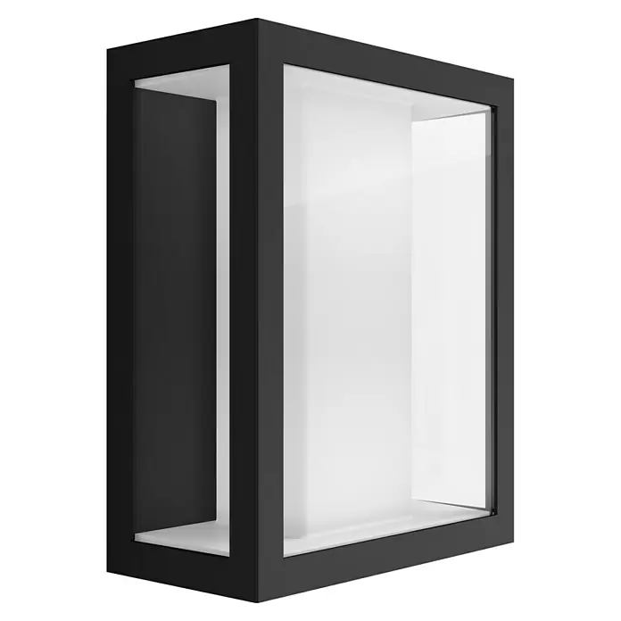 Philips Hue LED-Außenwandleuchte Impress - 8 W, 11,7 x 19 x 24 cm, Schwarz, IP44 - Nahaufnahme einer modernen, würfelförmigen Wandleuchte mit schwarzem Rahmen und weißem Inneren, die ein helles und stilvolles Licht verbreitet.