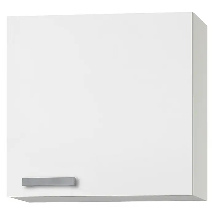 Optifit Oslo Hängeschrank - 34,6 x 60 x 57,6 cm, Weiß - Nahaufnahme eines weißen Küchenschranks mit einem schlichten, rechteckigen Griff. Der Schrank präsentiert ein modernes und minimalistisches Design.